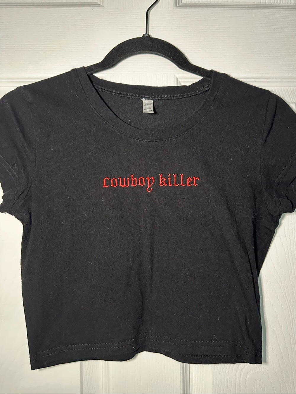 Black Baby Cropped Tee with Red 'cowboy killer' Embroidery